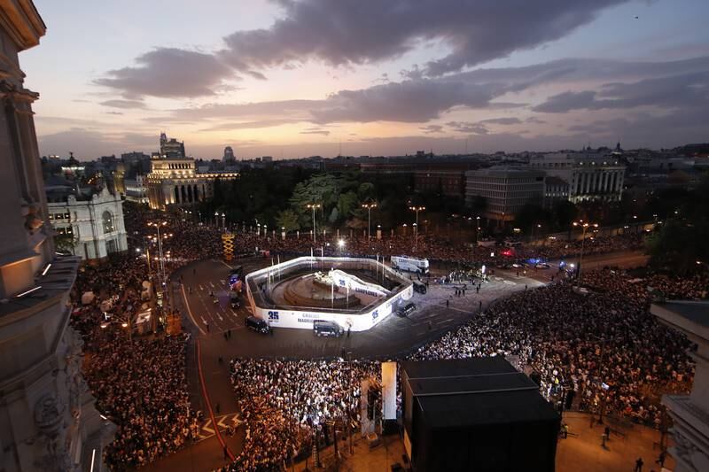 A view of Plaza Cibeles as Real Madrid players and fans celebrate winning La Liga. EPA