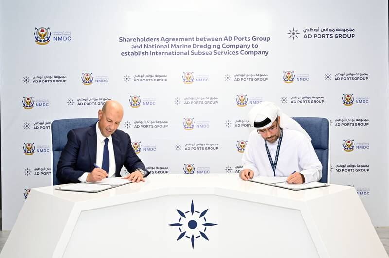 National Marine Dredging chief executive Yasser Zaghloul and AD Ports Group chief executive Capt Mohamed Al Shamisi during the signing ceremony. Photo: Wam