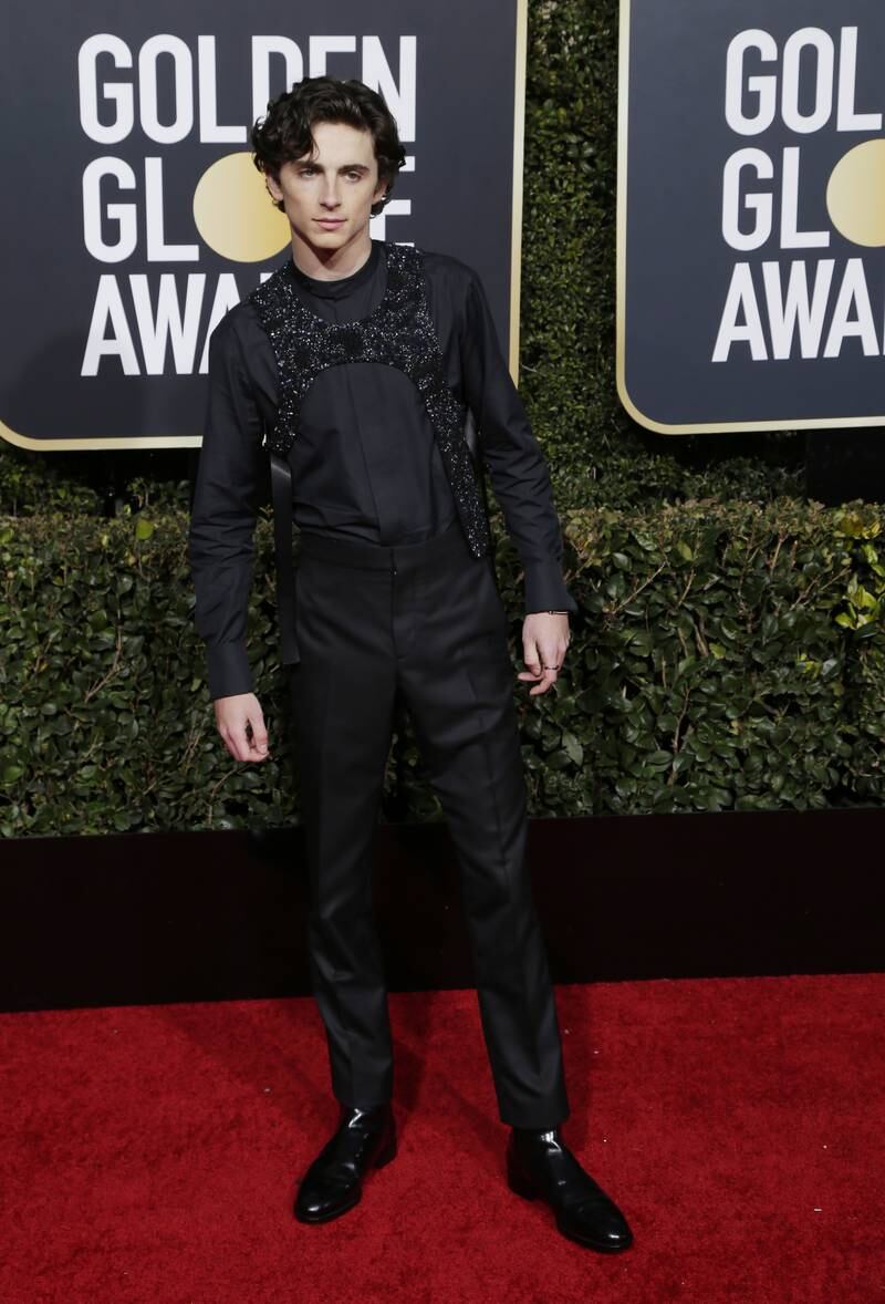 Timothee Chalamet sports Louis Vuitton at the 76th annual Golden Globe Awards in Los Angeles, in January 2019. EPA