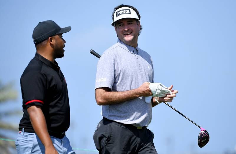 Bubba Watson, right, speaks to Harold Varner III during a practice round prior to the PIF Saudi International at Royal Greens Golf & Country Club in Al Murooj, Saudi Arabia, on January 31, 2023. Getty
