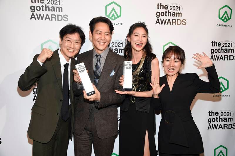 Kwang Dong-hyuk, left, Lee Jung-jae, Jung Ho-yeon and Kim Ji-yeon pose with the Breakthrough Series - Long Format Award for 'Squid Game'. AP