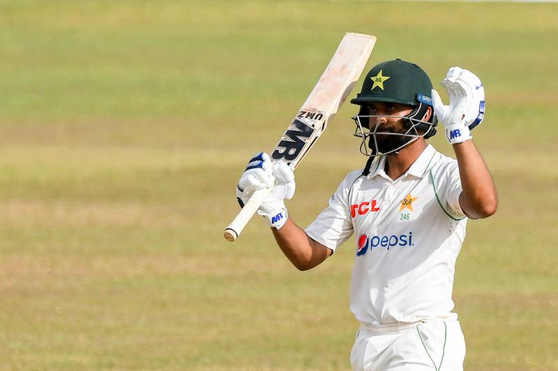 Pakistan’s Abdullah Shafique celebrates after scoring a century on the fourth day of the first Test against Sri Lanka at the Galle International Stadium on Tuesday, July 19, 2022. AFP