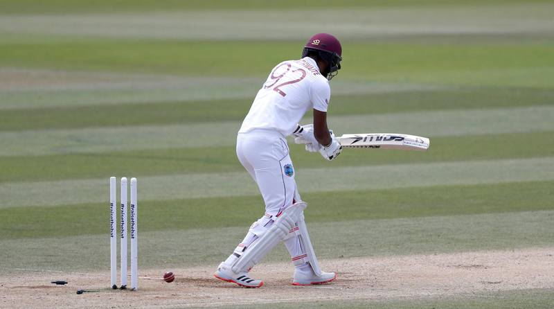 West Indies opener  Kraigg Brathwaite is bowled out by England's Jofra Archer. PA