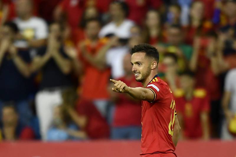 Spain's Pablo Sarabia celebrates after scoring his side's second goal. AP Photo