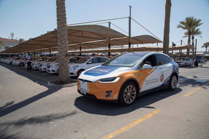 Dubai, United Arab Emirates - A Tesla car at the Emirates Driving Institute, Dubai.  Leslie Pableo for The National