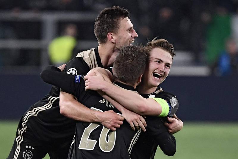 From left: Ajax players Joel Veltman, Lasse Schone and Matthijs de Ligt celebrate defeating Juventus 2-1 to advance to the Champions League semi-finals 3-2 on aggregate. Reuters