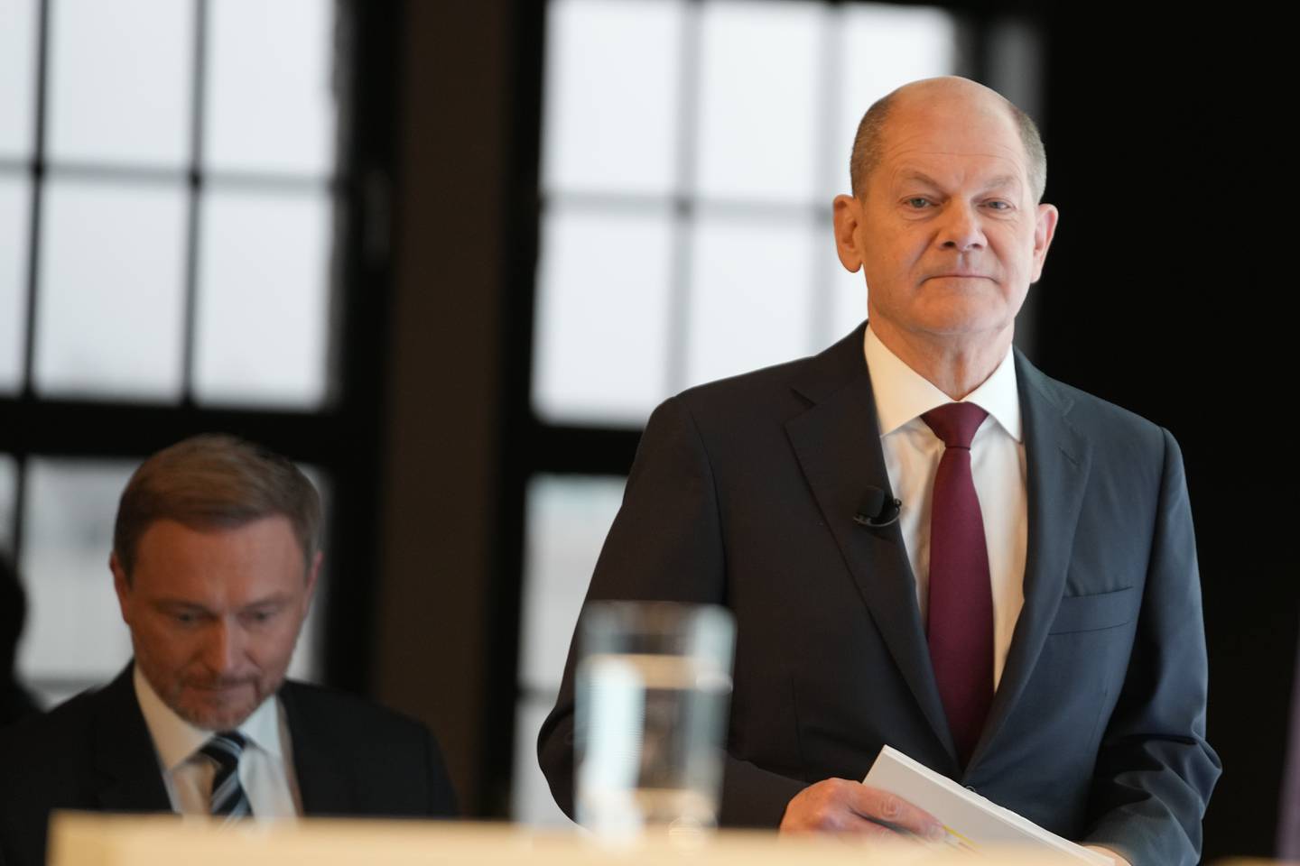 Olaf Scholz takes the stage as the three parties unveil their agreement on Wednesday. AP 