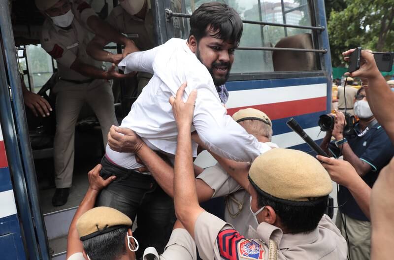 Indian Police detain Youth Congress activists as they take part in a protest march on Indian Prime Minister Narendra Modi's birthday. EPA