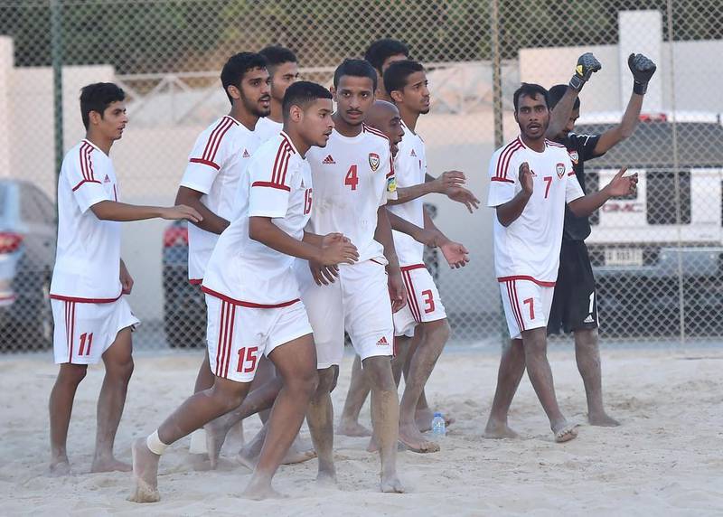 The UAE beach soccer team celebrate a warm-up win over Russia ahead of the Beach Soccer Intercontinental Cup. Photo Courtesy / UAE FA