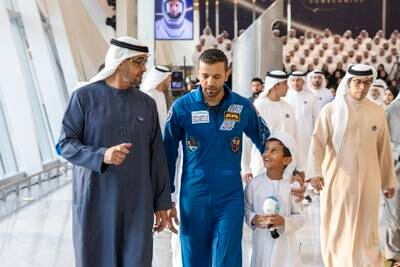 President Sheikh Mohamed speaks with Dr Al Neyadi at the reception, which comes after the astronaut spent six months at the International Space Station. Photo: UAE Presidential Court