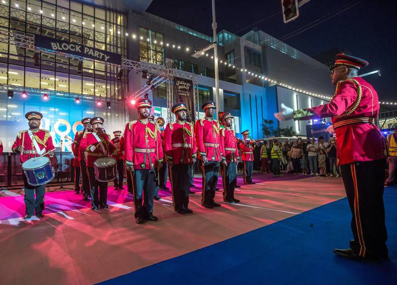 Abu Dhabi, United Arab Emirates - Abu Dhabi Police band performing for the visitors at the Block Party at The Galleria, Al Maryah Island.  Leslie Pableo for The National