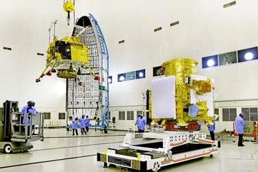 epa07702322 A handout photo made available by the Indian Space Research Organisation (ISRO) shows Indian Space Research Organisation (ISRO) scientists work on the orbiter vehicle of 'Chandrayaan-2', India's first moon lander and rover mission planned and developed by the ISRO, in Bangalore, India, 28 June 2019 (issued 07 July 2019). The first images of Chandrayaan-2 satellite, Indian's ambitious second Moon mission called Chandrayaan-2 lander named 'Vikram' (valour), and the robotic rover that explores the lunar surface named 'Pragyan', (wisdom). The mission to the moon is getting ready for lift on 15 July 2019 from Sriharikota using the country's most powerful rocket Geosynchronous Satellite Launch Vehicle (GSLV) Mark III. EPA/INDIAN SPACE RESEARCH ORGANISATION HANDOUT HANDOUT EDITORIAL USE ONLY/NO SALES/NO ARCHIVES
