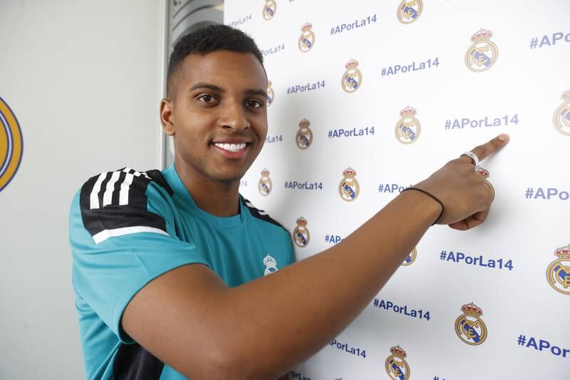 Real Madrid's Rodrygo at a press conference in the build up to the Champions League final against Liverpool. EPA 