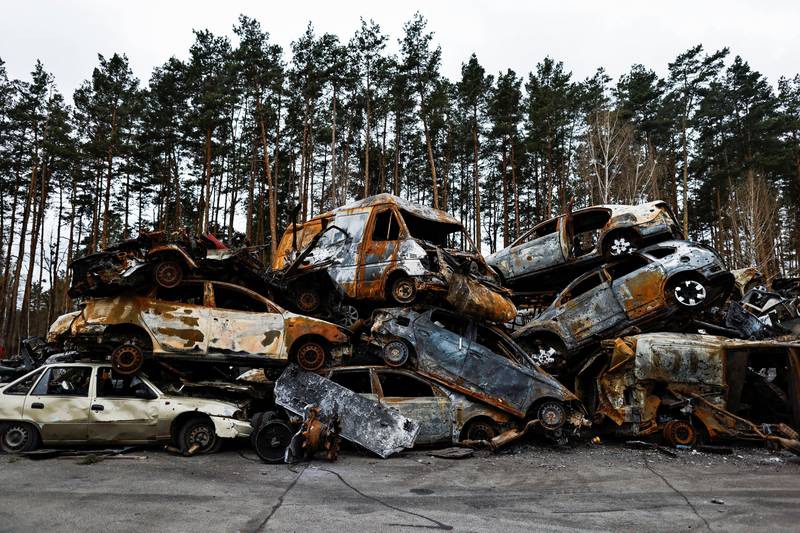 Cars destroyed in Russian attacks, in Irpin, near Kyiv. The scene of fierce fighting, the town was occupied by Russian forces. Reuters