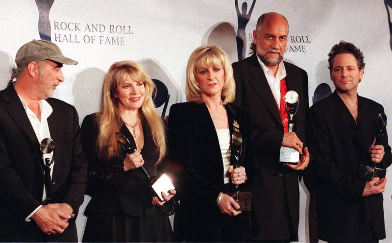 Fleetwood Mac members, from left, John McVie, Nicks, Christine McVie, Fleetwood and Buckingham after being inducted into the Rock and Roll Hall of Fame in New York, 1998. AFP