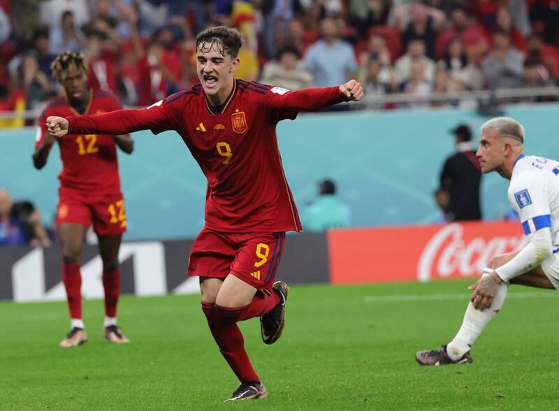 Gavi - 8. At 18, Spain’s youngest ever player in a World Cup finals, he dropped a beautiful ball in to set up Olmo for the opener. Scored himself when he volleyed in Spain’s fifth after 74 minutes. That made him the youngest goalscorer in a World Cup match since Pele in 1958. Superb technique. EPA