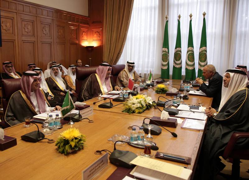 Dr Anwar Gargash, Minister of State for Foreign Affairs with Saudi foreign minister Adel Al Jubeir (far left), Bahraini foreign minister Sheikh Khaled bin Ahmed (second left) and Ahmed Aboul Gheit (second right), secretary general of the Arab League, attend the meeting in the League’s headquarters in Cairo on Sunday