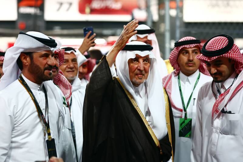 Khalid bin Faisal Al Saud, governor of Makkah, talks with Mohammed Ben Sulayem, FIA President, on the grid during the F1 Grand Prix of Saudi Arabia at the Jeddah Corniche Circuit on March 27, 2022 in Jeddah, Saudi Arabia. Getty Images