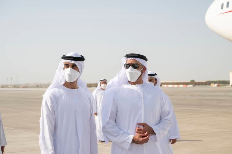 Sheikh Hamdan bin Mohamed, left, and Sheikh Saif bin Zayed, Deputy Prime Minister and Minister of Interior bid farewell to King Hamad. Mohamed Al Hammadi / UAE Presidential Court
