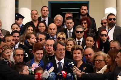 Cyprus presidential candidate Nicos Anastasiades of the right-wing Democratic Rally party addresses journalists after voting for a presidential election at a polling station in Limassol, Cyprus. Yiannis Kourtoglou / Reuters