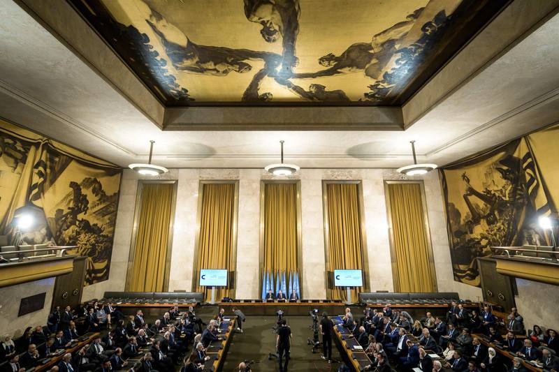 General views during a ceremony to mark the opening of a meeting of the Syria constitution-writing committee on October 30, 2019 at the United Nations Offices in Geneva.  Syria's government may be on board for the UN-brokered review of its constitution, but it will sink the Geneva talks opening  on October 30, 3019, before agreeing anything that compromises its authority, experts have said. Opposition negotiators and some analysts also fear that Damascus will use its participation as a bargaining chip to normalise relations with the West, and eventually get sanctions lifted. / AFP / Fabrice COFFRINI
