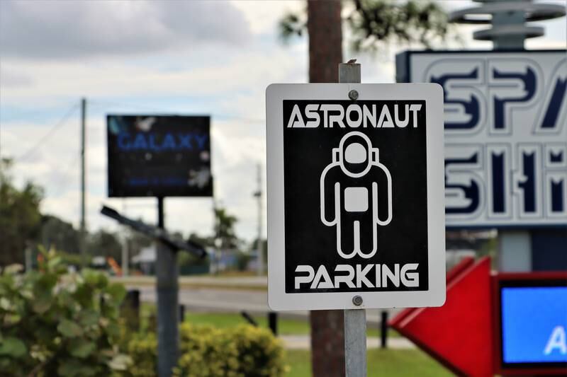 "Astronaut parking" outside of a space-inspired souvenir shop on Florida's Space Coast.