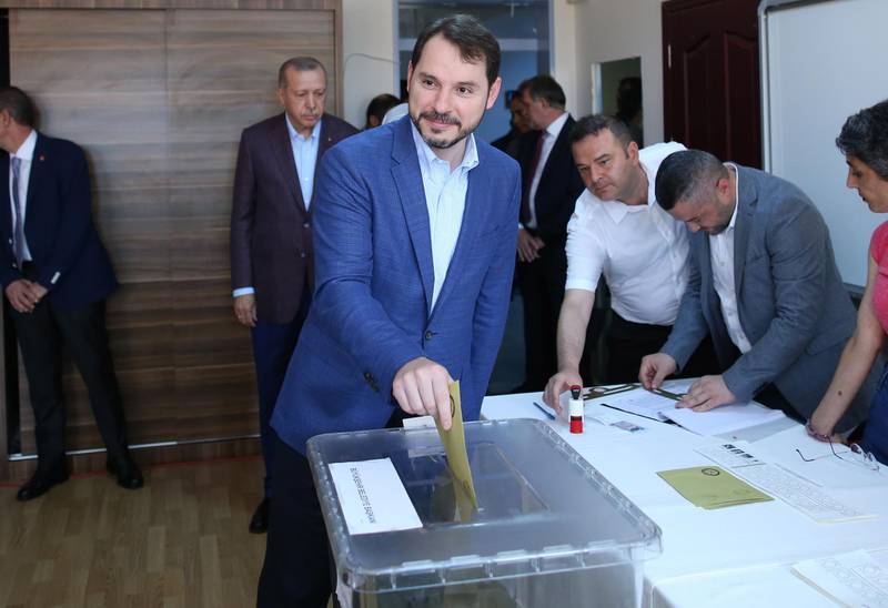 Finance Minister Berat Albayrak, President Erdogan's son-in-law, casts his vote. Erdem Sahin / EPA