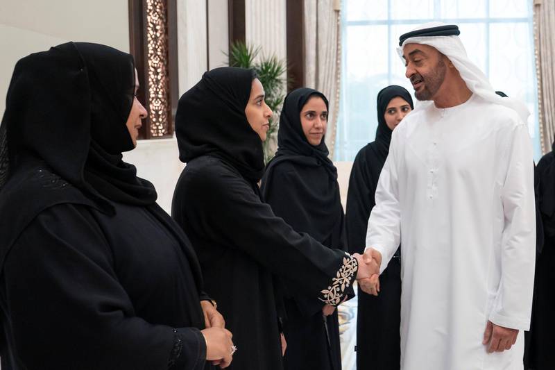 ABU DHABI, UNITED ARAB EMIRATES - May 28, 2019: HH Sheikh Mohamed bin Zayed Al Nahyan, Crown Prince of Abu Dhabi and Deputy Supreme Commander of the UAE Armed Forces (R), greets a member of the Ministry of Presidential Affairs, during an iftar reception, at Al Bateen Palace.

( Eissa Al Hammadi for the Ministry of Presidential Affairs )
---