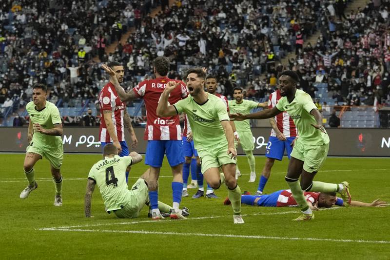 Yeray Alvarez celebrates after scoring against Atletico Madrid in the Spanish Super Cup semi-final. AP