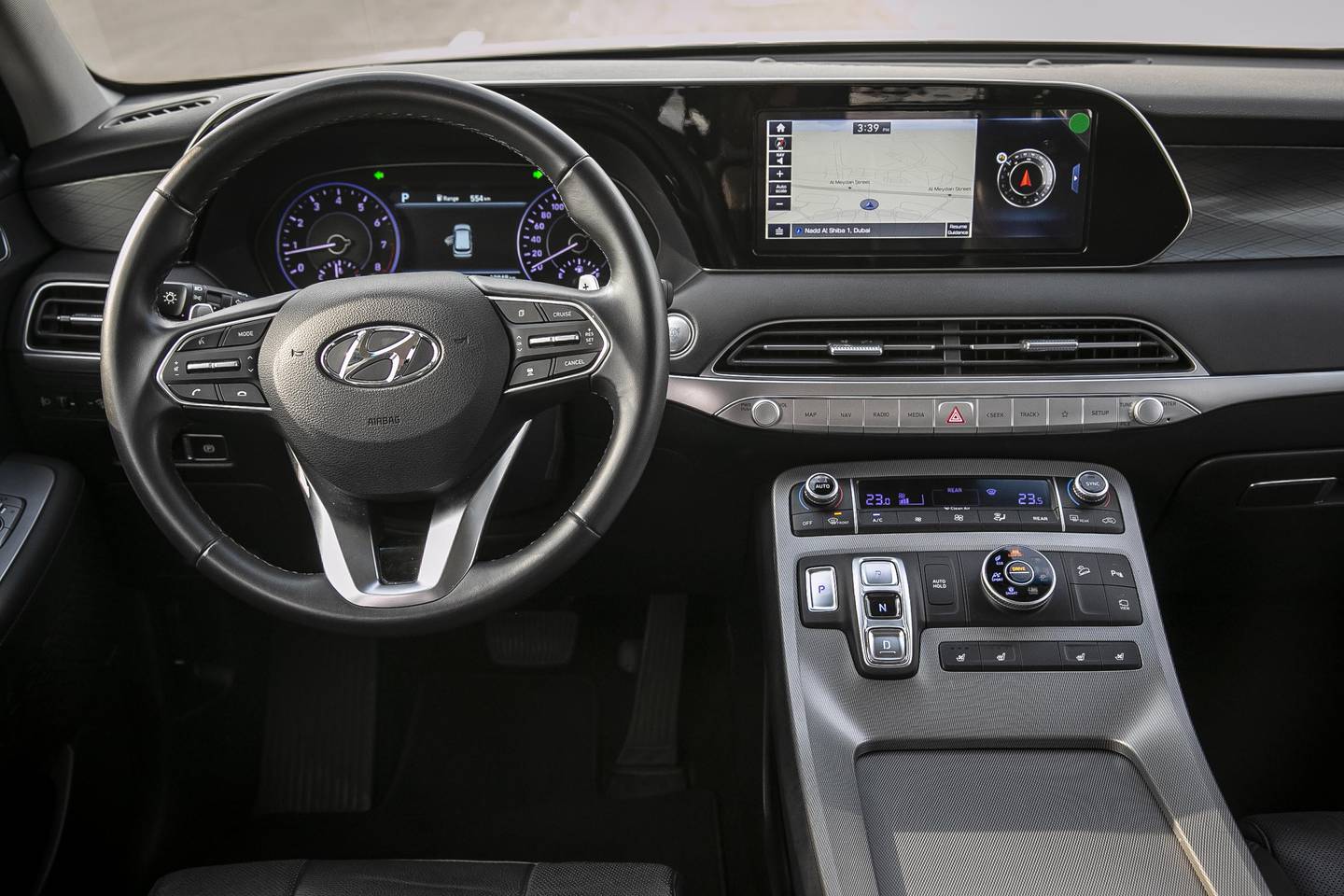 The range-topping Hyundai Palisade Premium comes with a 12-speaker Infinity sound system, 31-centimetre digital gauge cluster and 26cm infotainment touchscreen. Antonie Robertson / The National