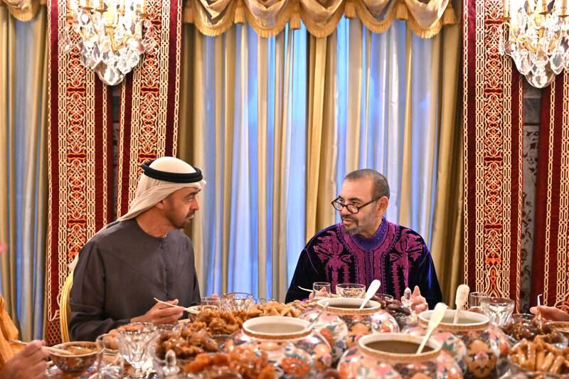 Sheikh Mohamed bin Zayed, Crown Prince of Abu Dhabi and Deputy Supreme Commander of the Armed Forces attends an iftar reception hosted by King Mohamed VI of Morocco in Rabat. Hamad Al Kaabi / Ministry of Presidential Affairs