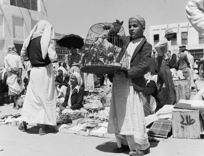 A young bird seller shows off his stock at a market in Awali, central Bahrain, on March 25, 1953.