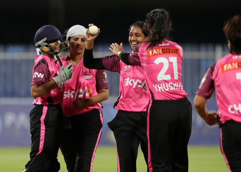Sharjah, United Arab Emirates - Reporter: Paul Radley. Sport. Cricket. Hawks celebrate winning the game after a super over. The Women's All Stars D10, ECB Hawks and ECB Falcons. Monday, April 5th, 2021. Sharjah. Chris Whiteoak / The National