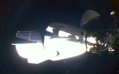 The SpaceX Dragon crew capsule, with Nasa astronauts Doug Hurley and Robert Behnken aboard, docks with the International Space Station. Nasa TV / AP