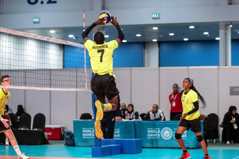 ABU DHABI, UNITED ARAB EMIRATES. 15 MARCH 2019. Special Olympics action at ADNEC. Nigeria vs Germany Volleyball. (Photo: Antonie Robertson/The National) Journalist: None: National.