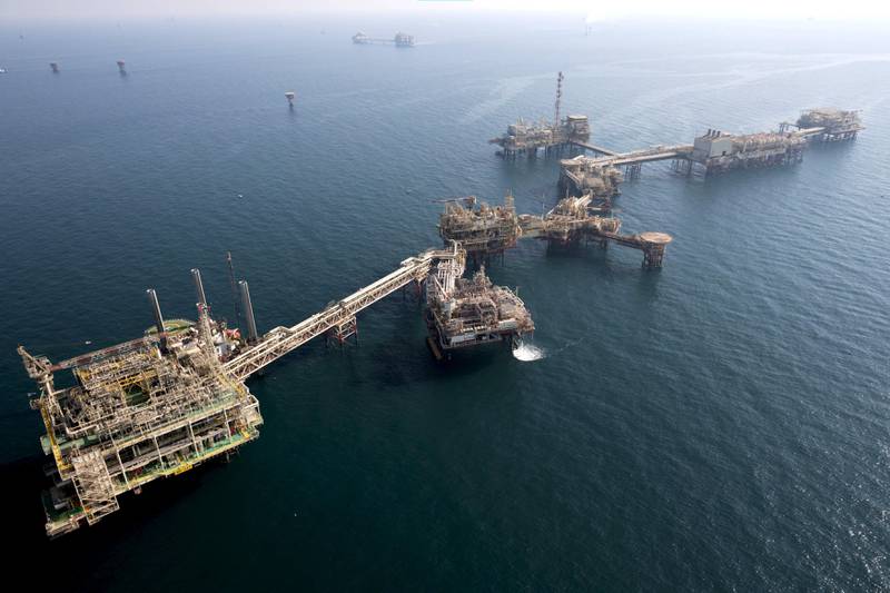 The supercomplex at Umm Shaif field in modern times. Located 150km offshore of Abu Dhabi, the oilfield is operated by Adnoc's Adma-Opco unit. Photo: Adnoc