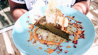 The matcha yoghurt skillet cake with banana ice cream and miso caramel at Sanderson’s. 