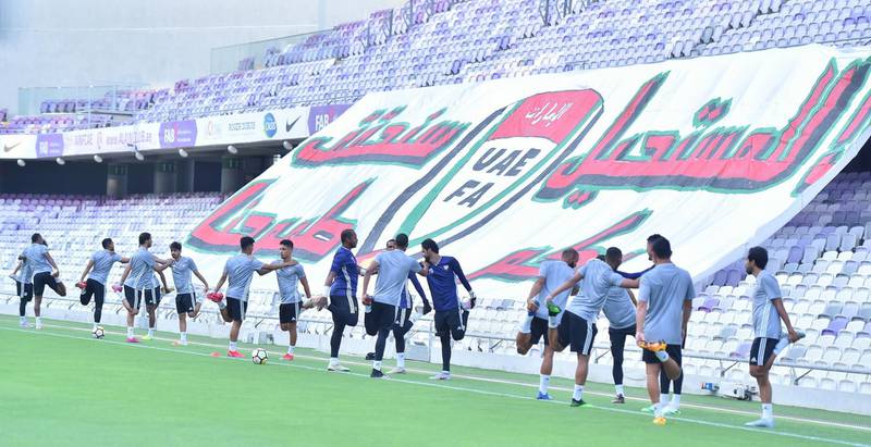 The UAE national team train at the Hazza bin Zayed Stadium.