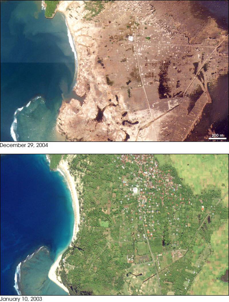 20.	The 2004 Indian Ocean earthquake and tsunamis killed nearly 230,000 people. A satellite image shows the Indonesian town of Lhoknga destroyed by the natural disaster on December 26. All properties were destroyed, except for a white mosque that is visible in the image. Photo: Nasa