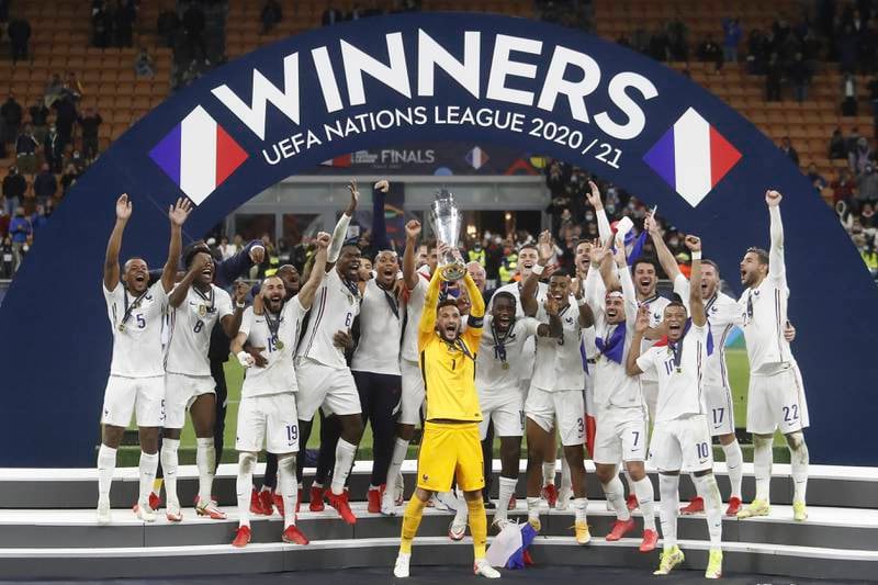 France celebrate with the trophy after winning the UEFA Nations League final against Spain in Milan, Italy, 10 October 2021.  EPA