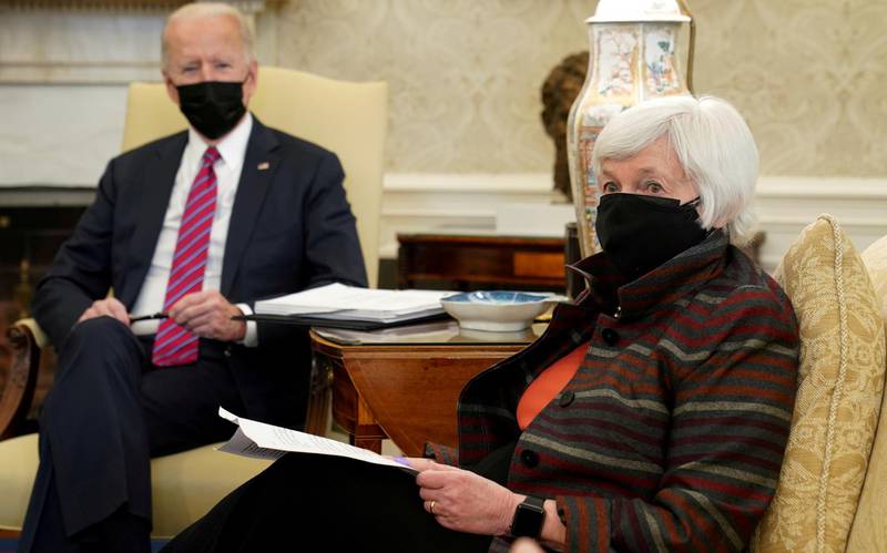FILE PHOTO: U.S. President Joe Biden meets with Treasury Secretary Janet Yellen in the Oval Office at the White House in Washington, U.S., January 29, 2021. REUTERS/Kevin Lamarque/File Photo/File Photo