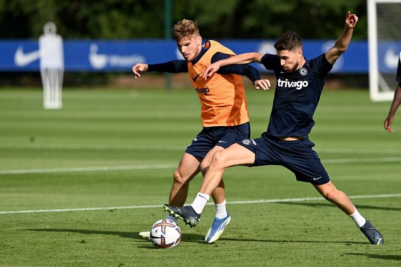 Timo Werner and Jorginho during a session at Chelsea training ground.