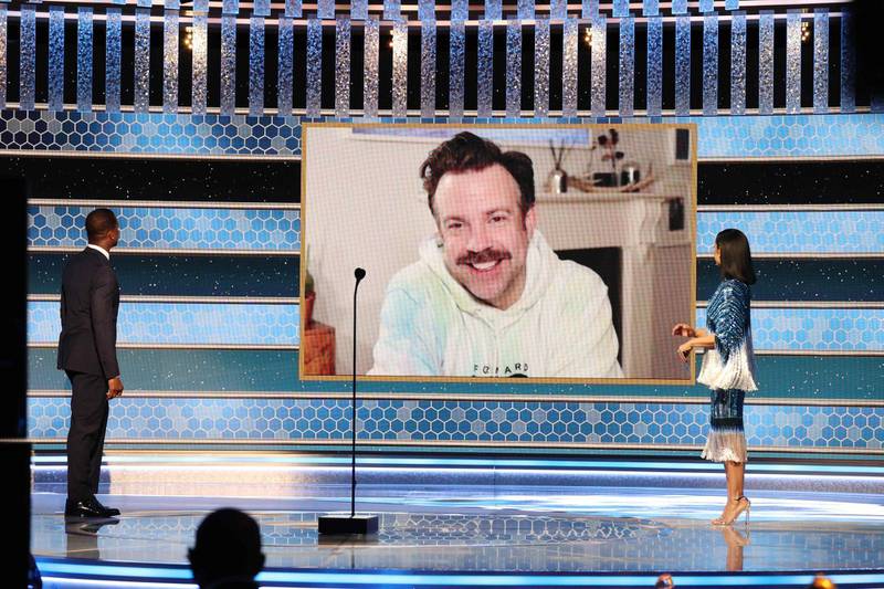 Jason Sudeikis accepting the Best Television Actor - Musical/Comedy Series award for 'Ted Lasso' via video at the 78th Annual Golden Globe Awards. AFP / NBCUniversal