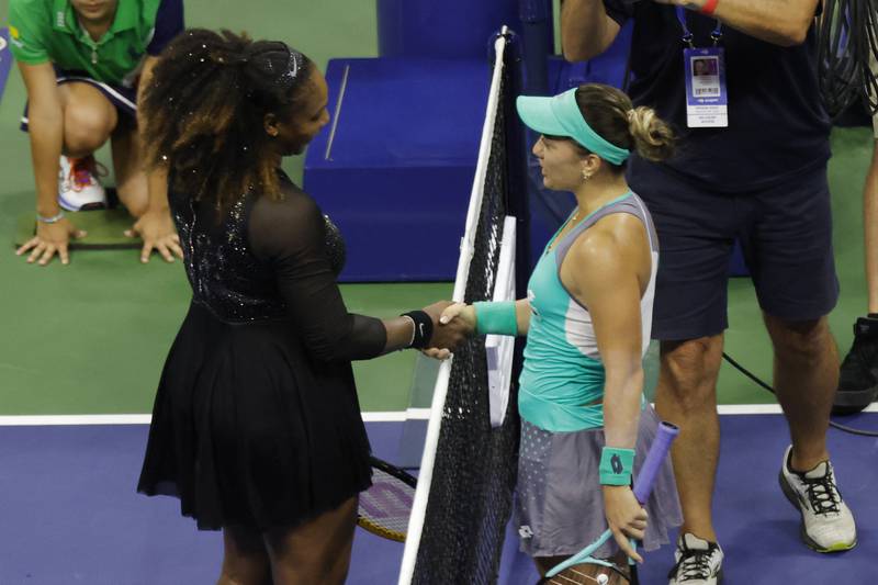 Serena Williams shakes hands with Danka Kovinic after their first-round match. Reuters