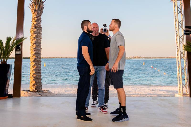 Khabib Nurmagomedov and Justin Gaethje during their pre-fight face-off at Yas Beach ahead of UFC 254. Courtesy UFC