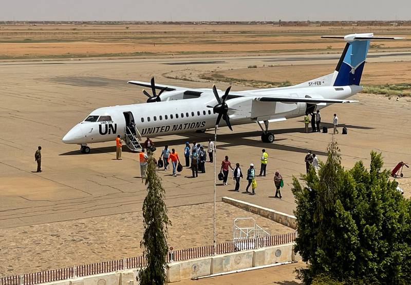 Ethiopian former peacekeepers, deployed to the Abyei region, disembark off a UN Embraer E190 aircraft as they arrive in Sudan’s Kassala airport on May 15 after seeking asylum. AFP