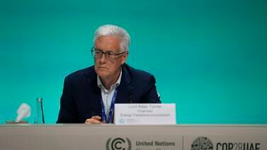 Adair Turner, chairman of the Energy Transitions Commission, participates in a panel at the Cop28 climate summit. AP