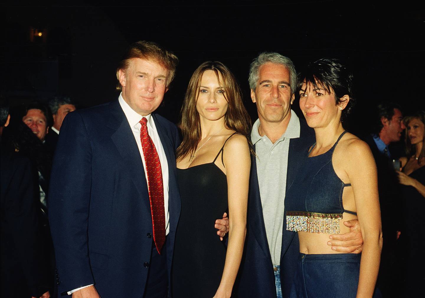 Convicted sex offenders Jeffrey Epstein and Ghislaine Maxwell pose with former US president and first lady, Donald and Melania Trump. Getty