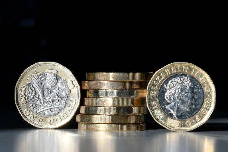 British one pound sterling coins are arranged for a photograph in central London on October 5, 2017.
The British pound was under pressure on October 5, 2017, falling against the euro and the dollar, due to renewed political uncertainty in the United Kingdom after Prime Minister Theresa May's speech at the Conservative Party annual conference. / AFP PHOTO / Daniel SORABJI