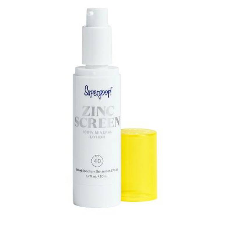 Zinc oxide absorbs and reflects UV light before it can reach the skin. Seen here, Supergoop! Zincscreen 100% Mineral Lotion SPF40, Dh154, www.revolve.com